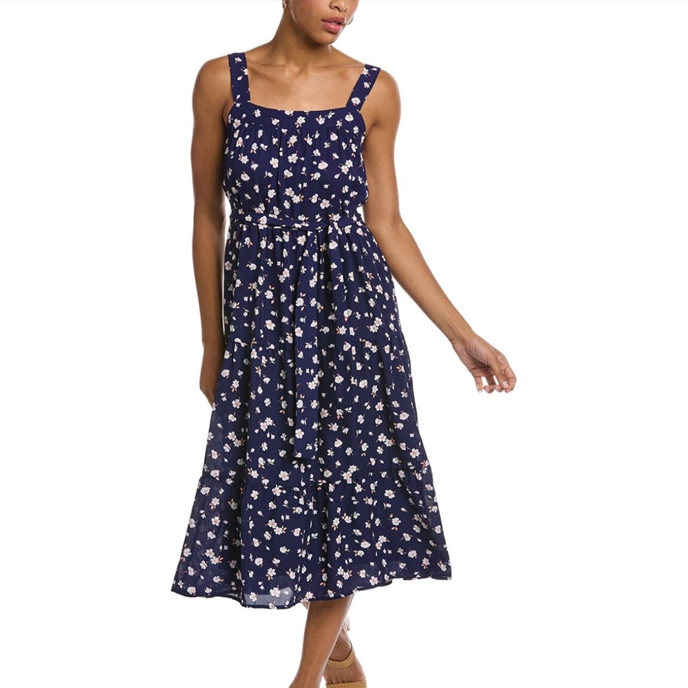 NEW Socialite Navy Floral Print Tiered Belted Midi Dress Size Small